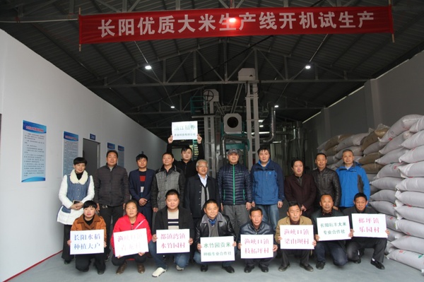 长阳优质大米生产线》开机试生产。长阳土家族自治县农业局局长程刚（后排又四）、副局长董俊波（后排右二）、水稻种植专家李劲松（后排右一），长阳县政协吴建波（后排右三）等到生产现场参观指导。